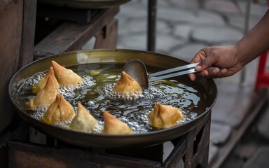 A persons hand uses a slotted spoon to turn golden brown samosas frying in a large metal wok