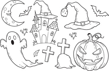 Halloween icons set with cartoon style illustration and outline elements for coloring or vector art