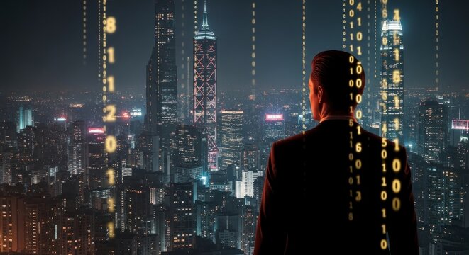 A businessman contemplates a cityscape at night, with binary code overlayed, suggesting futuristic concepts and possibilities.
