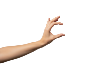 Young adult caucasian hand, forearm with clean, smooth skin, in an open grasping gesture holding an invisible object on a transparent background with copy space, concept for product presentation
