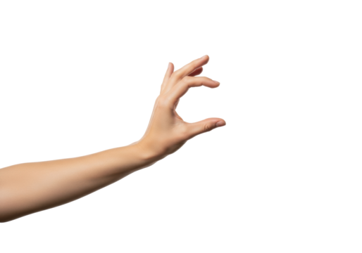 Young adult caucasian hand, forearm with clean, smooth skin, in an open grasping gesture holding an invisible object on a transparent background with copy space, concept for product presentation - Powered by Adobe