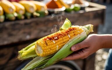 Closeup of a hand holding a delicious ear of grilled corn, seasoned with chili powder and garnished with lime, a popular street food