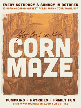 Fall corn maze poster template with rustic farm design, autumn festival flyer promoting pumpkins, hayrides, and family fun, seasonal agriculture event marketing for October weekends at the farm