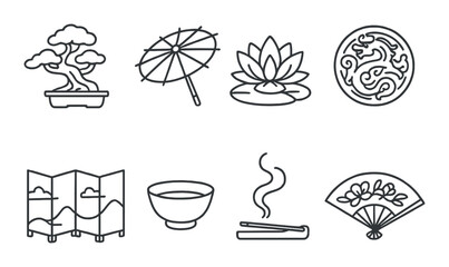 Japanese cultural icons: bonsai, parasol, lotus, dragon, screen, tea bowl, incense, fan