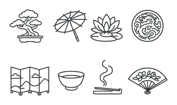Japanese cultural icons: bonsai, parasol, lotus, dragon, screen, tea bowl, incense, fan