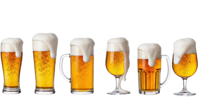 Seven golden lager beers in distinct glasses (Pilsner, Weizen, Stein, Pint, Tulip, Nonic, Goblet) with frothy foam, bubbles, on a reflective white background, beverage advertising concept