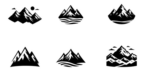 Mountain Silhouette Icon Set with Snow Peaks and Nature Landscape in Black and White Vector Illustration Flat Design