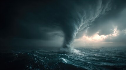 Naklejka premium Furious waterspout violently churns the dark, tempestuous ocean, illuminated by a brilliant flash of dramatic lightning.