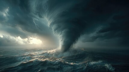 Gigantic waterspout fiercely churning the dark, turbulent ocean surface, with spectacular lightning bolts piercing the ominous storm clouds.