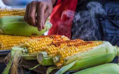 Closeup of grilled corn on the cob with spices and steam rising, being prepared by a vendor at a market stall