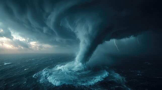 Colossal swirling waterspout descends into the dark, tumultuous ocean, illuminated by a striking lightning bolt under an ominous sky.