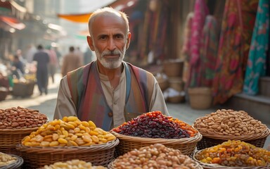 An elderly man with a beard and traditional vest poses in front of a market stall overflowing with baskets of nuts and dried fruits