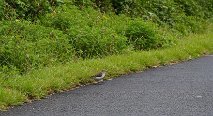 Small bird on roadside grass