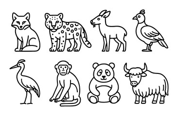 Obraz premium Outlined animal illustrations featuring fox, leopard, goat, bird, heron, monkey, panda, and bull