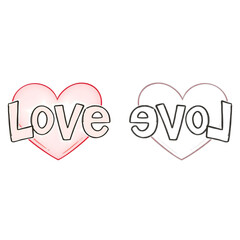 A charming illustration set featuring two heart symbols with the word Love. One is a cute pink version and the other is a black and white outline for coloring