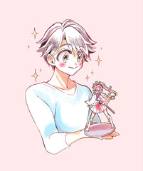 推しのフィギュアを持つ笑顔の男性