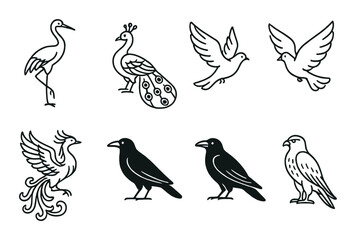 Obraz premium Elegant line drawings of various birds including crane, peacock, and phoenix