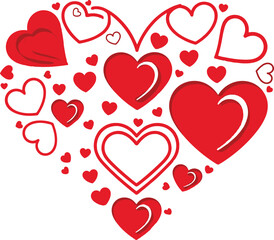 Large Heart Made of Smaller Red and Outlined Hearts in Romantic Decorative Style