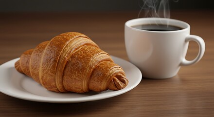 Fresh Croissant and Hot Coffee in White Mug on Wooden Surface