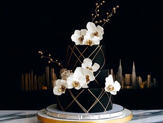 Black two tier cake decorated with flower and gold accents