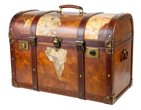 Angled View of World Map Travel Trunk with Worn Leather Straps and Patina Finish, Isolated