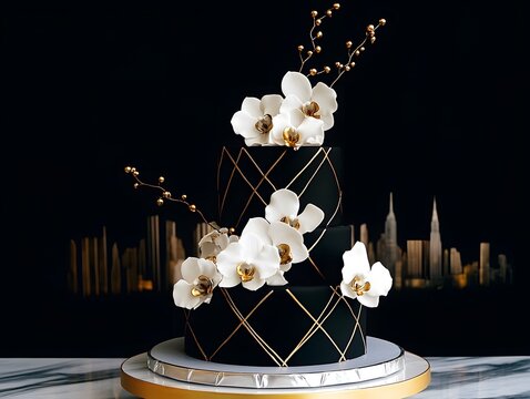 Black two tier cake decorated with flower and gold accents