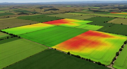 Advanced agricultural technology showcasing a data visualization heat map over lush green fields for smart crop management and yield analysis
