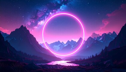 Synthwave dreamscape with neon portal amidst mountain scenery at night