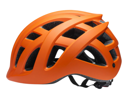  Side View of Matte Orange Bike Helmet with Contoured Design and Shadowed Underside, Isolated
