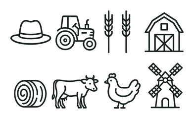 Naklejka premium Farm elements: hat, tractor, wheat, barn, hay, cow, chicken, windmill icons