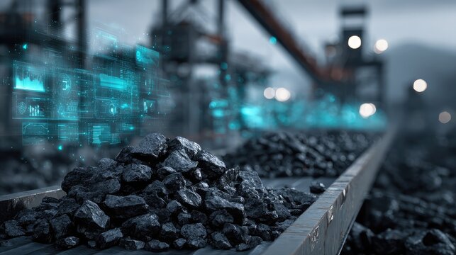 AI-powered data analysis displayed as holographic interfaces over industrial raw coal, symbolizing smart mining and efficiency.