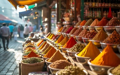 Colorful piles of spices in bowls at an outdoor market stall, with people walking in the background
