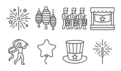 Patriotic celebration icons: fireworks, drummers, lanterns, and more in gray theme