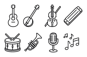 Obraz premium Musical instrument icons with guitar, banjo, violin, harmonica, drum, trumpet, microphone, notes