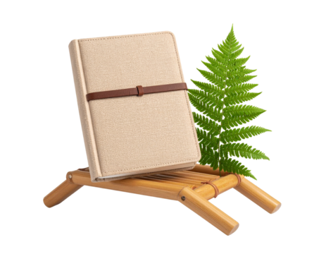 Angled Bamboo Book Stand with Closed Journal and Fern Leaf Accent, Minimalist Style, Isolated