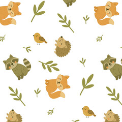 Obraz premium Pattern forest cute animals and branches of greenery isolated on white background