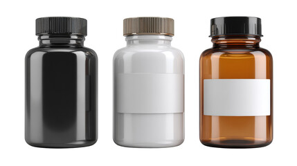 Collection of assorted supplement bottle mockups in varying colors with labels isolated