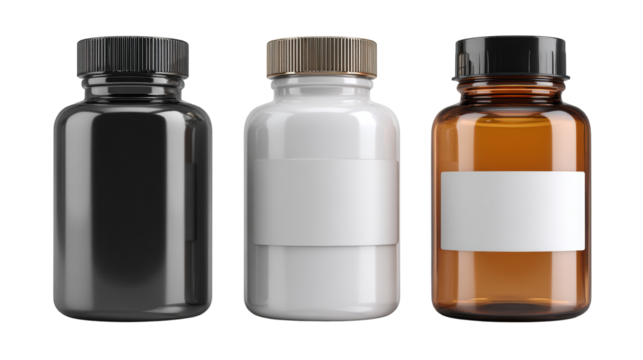 Collection of assorted supplement bottle mockups in varying colors with labels isolated