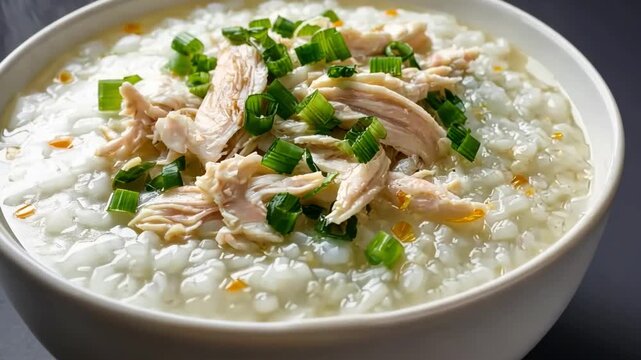 Bowl of hot chicken congee with chopped green onions