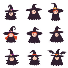 Charming vector illustration featuring diverse cartoon witches. Perfect for Halloween designs, party invitations, kids graphics, and spooky themed projects.