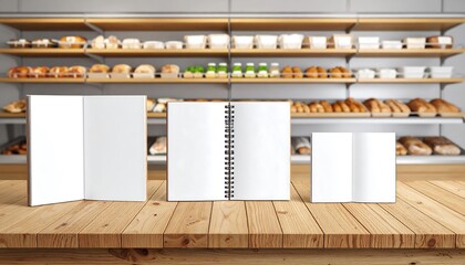 Three Open Notebooks on a Wooden Table in a Bakery Background Display