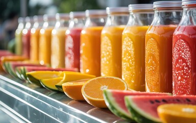 A colorful assortment of fresh fruit juices in glass bottles and slices of fruit on a counter