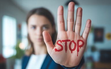 Woman holding up her hand with the word stop written in red, symbolizing protest or warning