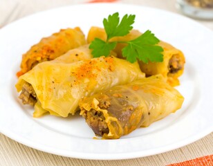 Cabbage rolls on white plate, garnished with parsley