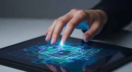 A hand interacts with a digital tablet displaying holographic circuit design.