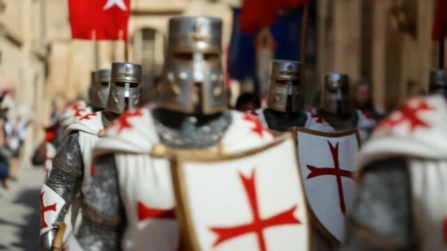 group of armored medieval knights dressed in traditional crusader attire, featuring red crosses on white tunics and shields. historical parade or reenactment, malta independence day