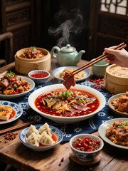 Obraz premium A steaming hot meal featuring a variety of Chinese dishes served on a traditional wooden table.