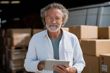 Elderly caucasian male with tablet in warehouse setting surrounded by boxes