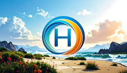 Scenic beach landscape with a stylized letter 'H'