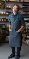 Caucasian mature male shop owner in apron standing in organic store